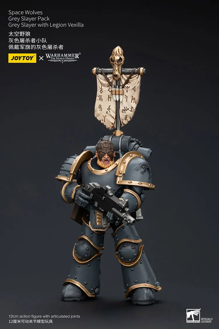 JOYTOY Warhammer 1/18 Action Figures Space Wolves Grey Slayer Pack Grey Slayer with Legion Vexilla Model Toy Boy Gifts 3.75inch