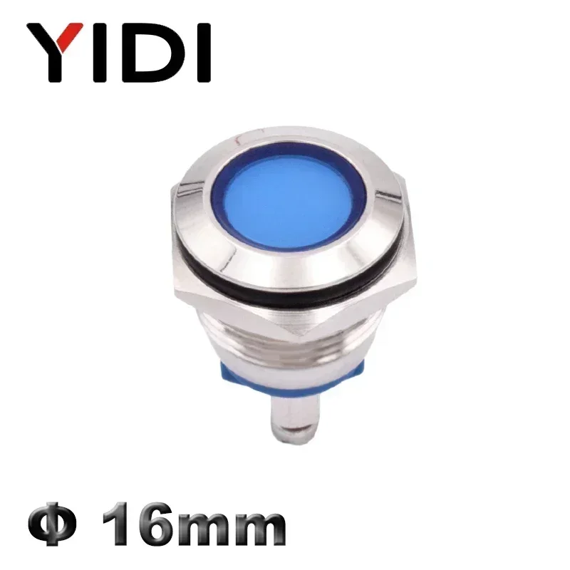 Luz indicadora impermeável do metal de Chrome, lâmpada piloto, vermelho, verde, azul, branco, ambarino, luz de sinal, terminal do parafuso, 12V, 24V, 220V, 16mm