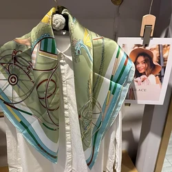 Light Green 100% Mulberry Silk Scarf Headscarf Elegant Carriage Design Square Scarves Shawls 90CM Pure Silk Scarf Hair Wrap