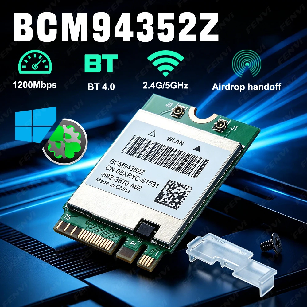 AC1200 M.2 Wireless WiFi Card BCM94352Z Chip Dual Band 2.4G/5GHz 1200Mbps BT4.0 WLAN Adapter for Laptop Mini PC Support