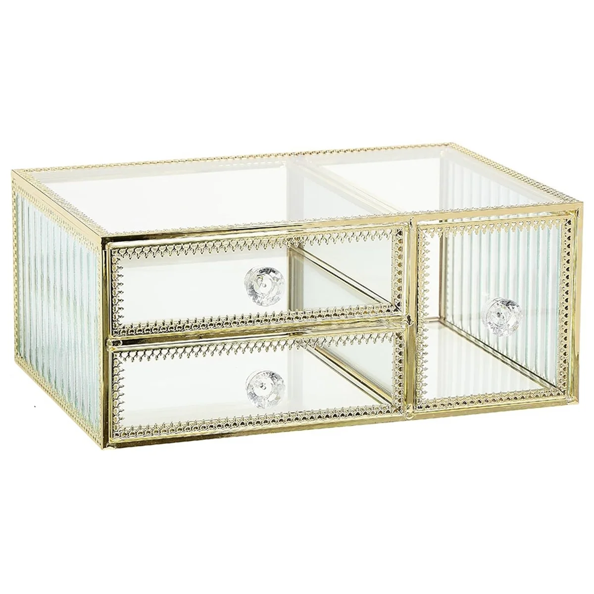 

3 Drawer Glass Organizer - Elegant Vanity Storage with Touch of Gold, Great for Lipsticks and Brushes, Clear Visibility