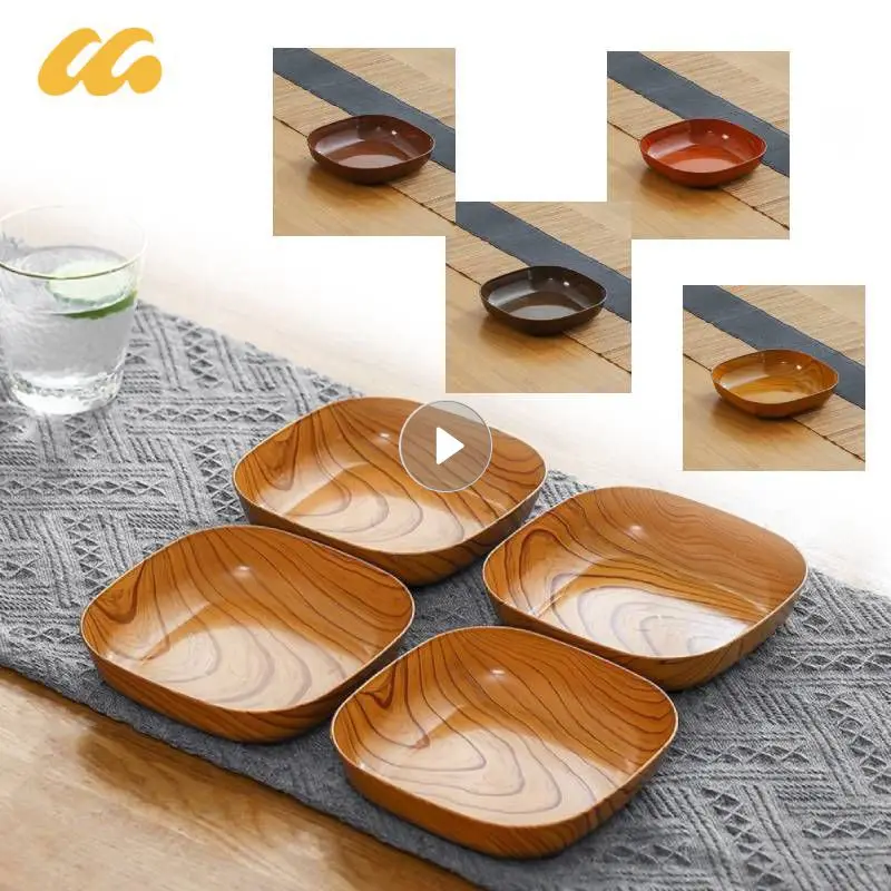 1PC Fruit Dessert Cake Candy Square Plate Lightweight And Durable Snack Plate Wood Grain Imitation Wood Kitchen Accessories