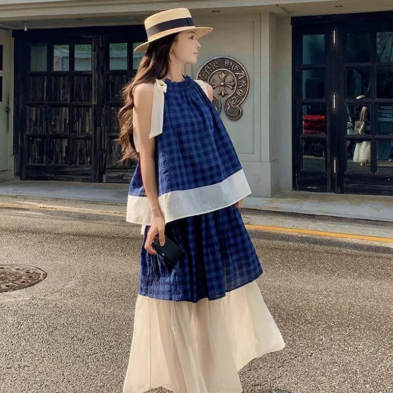 Women's Blue Plaid Two Piece Set Sleeveless Halter Top with Tulle Skirt Casual Loose Summer Outfit Beach Vacation Bohemian Suit