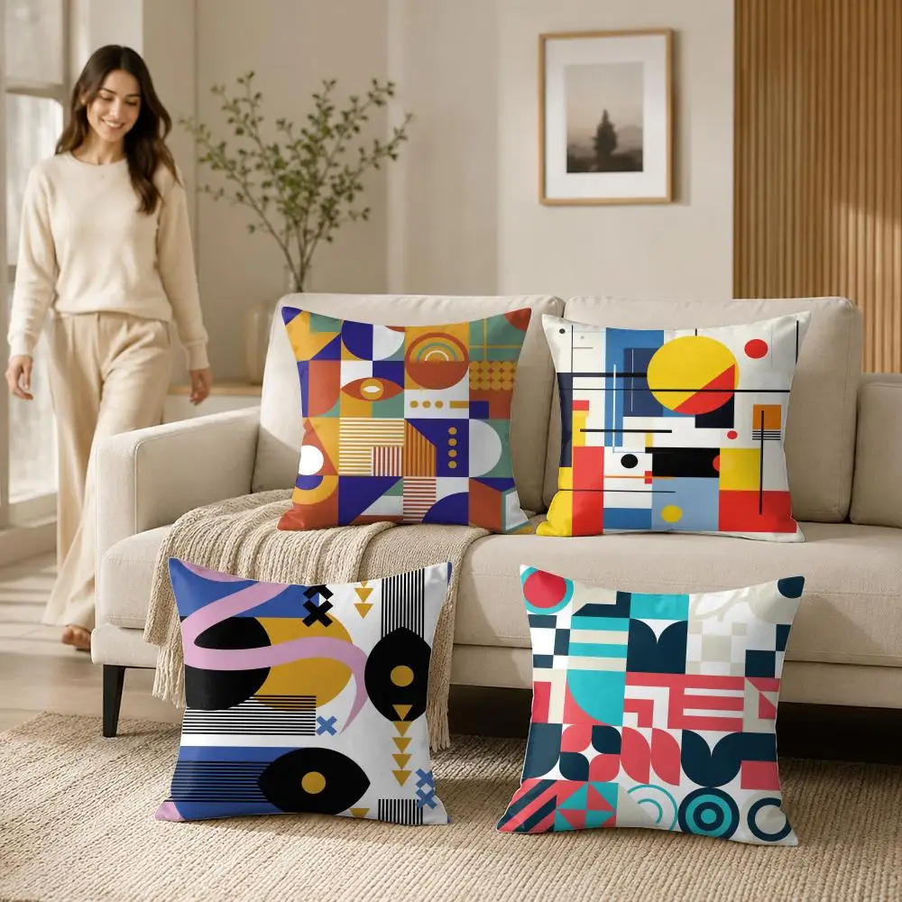 Abstract Bauhaus Geometry Cushion Cover Soft Short Plush Pillow Case Double Sided Print Washable Sofa Home Decor Gift