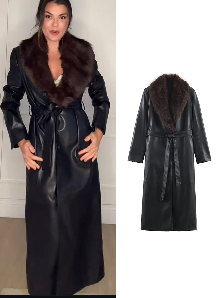 Damska długa kurtka skórzana z kołnierzem ze sztucznego futra, modna, w stylu high street, z ozdobnym paskiem, skórzana odzież wierzchnia, elegancki płaszcz damski na zimę 2025.