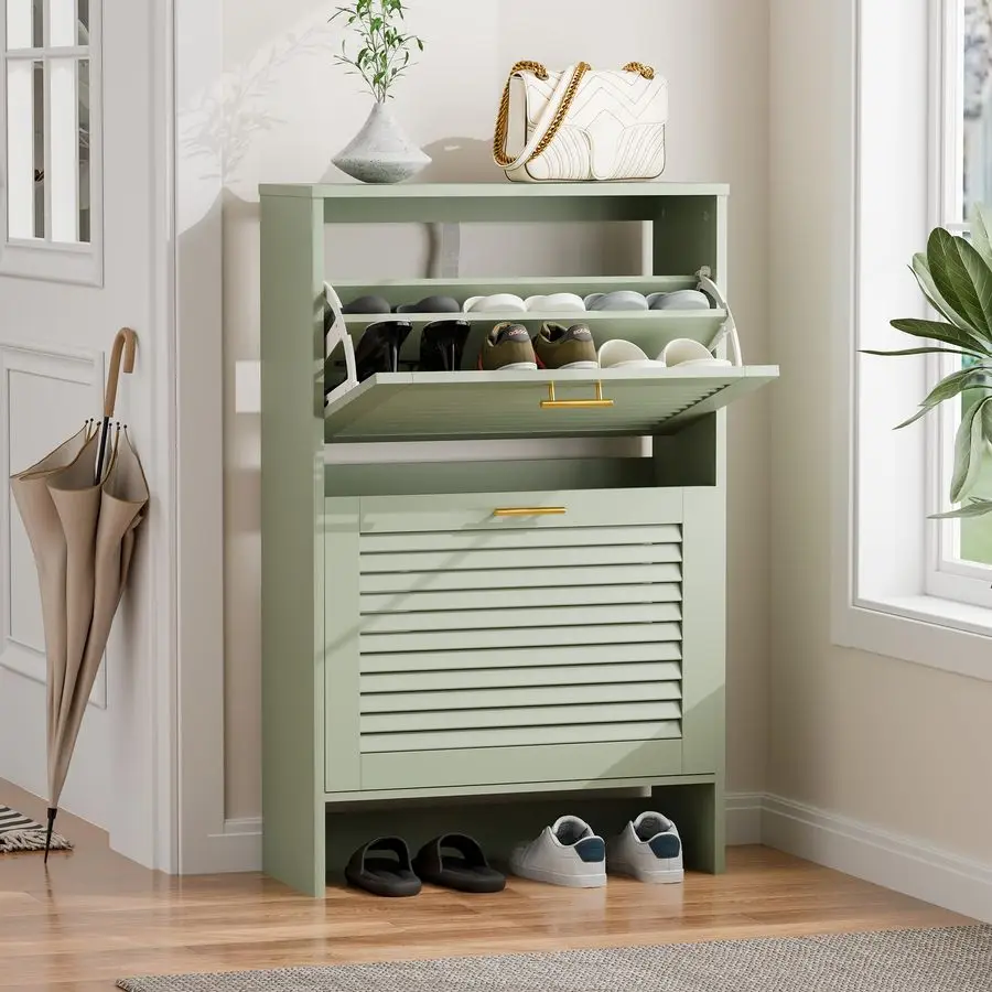 

Cabinet Storage, Hidden Shoe Organizer, Modern Freestanding Organizer with 2 Flip Drawers Louvered Shoe Cabinet for Customizable