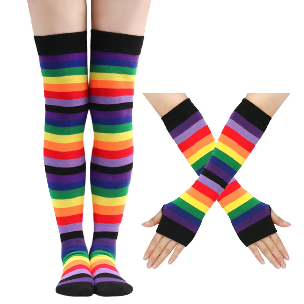 Auffällige Weiche Regenbogen-Streifen Baumwoll-Overknee-Socken Lässiges Armstulpen-Set Festliche Maskerade Cosplay Performance-Accessoires – Detail 7