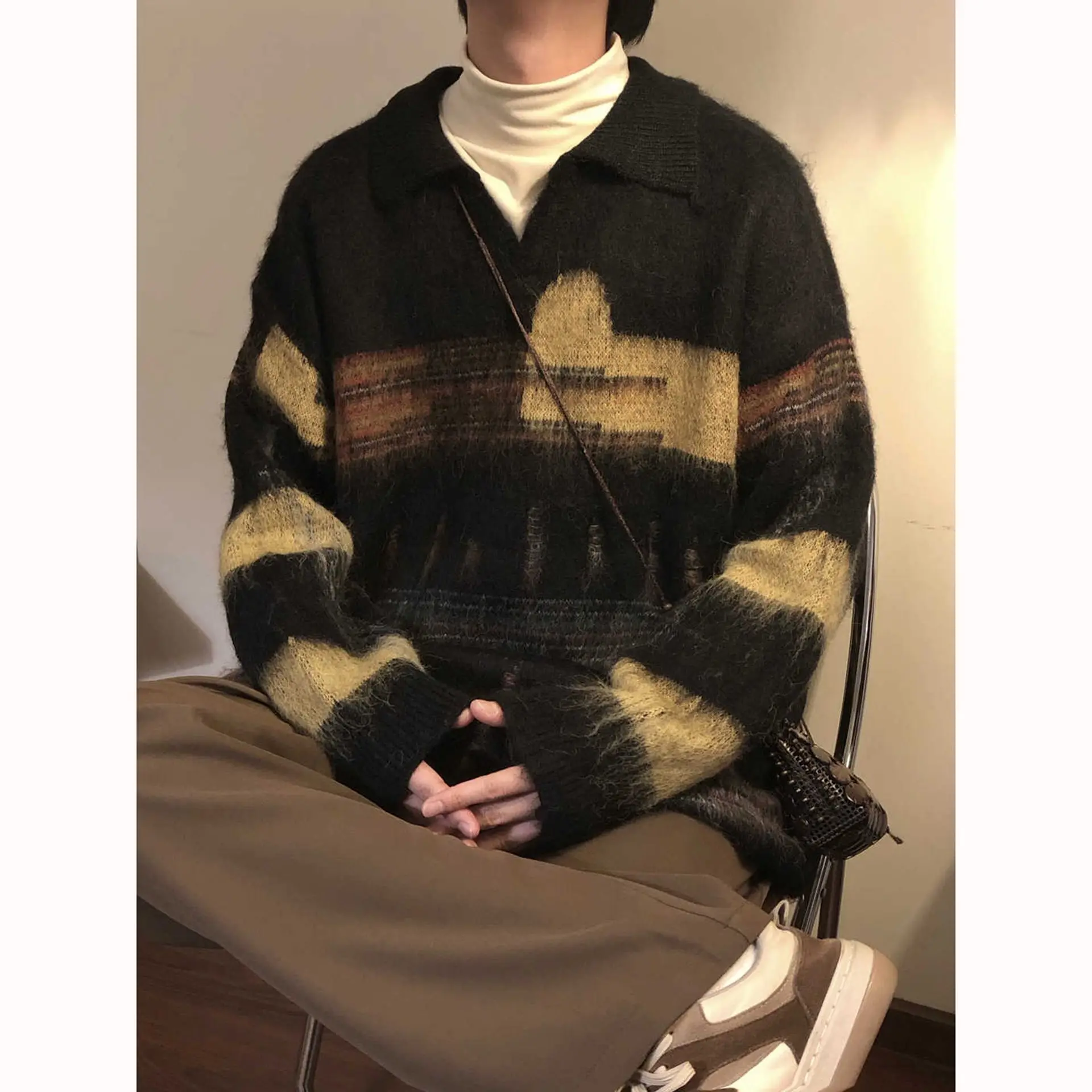 

Contrasting Color Design Lapel Sweater Men's 2026 New Lazy Wind Ripped Knitted Sweater Thread Jacket