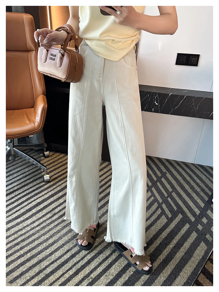 

High Waist Thin Stretchy Frayed Hem Nine-Tenths Denim Pants Loose Wide Leg Jeans for Pear aped Slimming Effect Autumn 2024