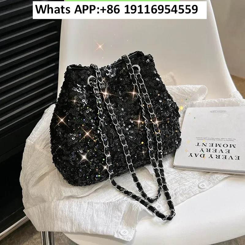 

Glitter sequin, bucket bag, foreign style, dinner trend, textured chain, one-shoulder cross-body bag