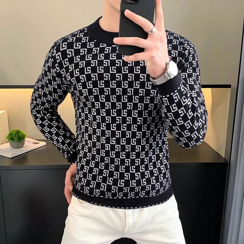 Brand Autumn Velvet Knitted Sweater Men Slim Fit Long Sleeve Pullovers Round Necked Warm Casual Business Knitwear Tops