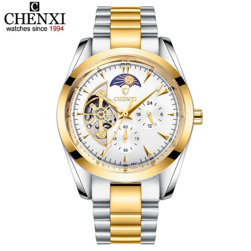 CHENXI Mechanical Watch Fashion Luxury Tourbillon Moon Phase Watches Men Silver Gold Steel Band Automatic Mechanical Wristwatch