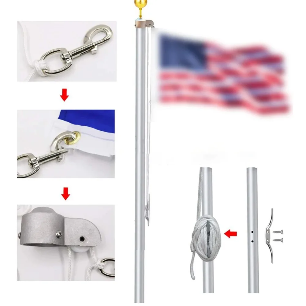 Aluminum Alloy Flag Pole Tool Set Nylon Braided Rope Upgrade Flag Pole Parts Repair Kit Metal Flag Clips 3 Inch Golden Ball