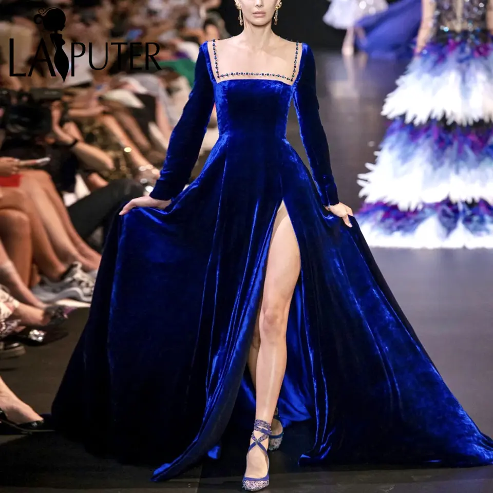 A-line V-neck Velvet Dress With Slit Royal Blue Plus Size main image 1