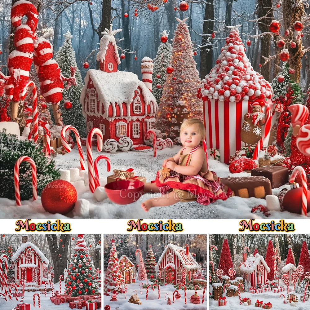 Mocsicka الأحمر عيد الميلاد قصب الحلوى خلفية التصوير الثلجي شجرة عيد الميلاد الغابات خلفية الشتاء الاطفال عيد ميلاد فوتوزون الاستوديو
