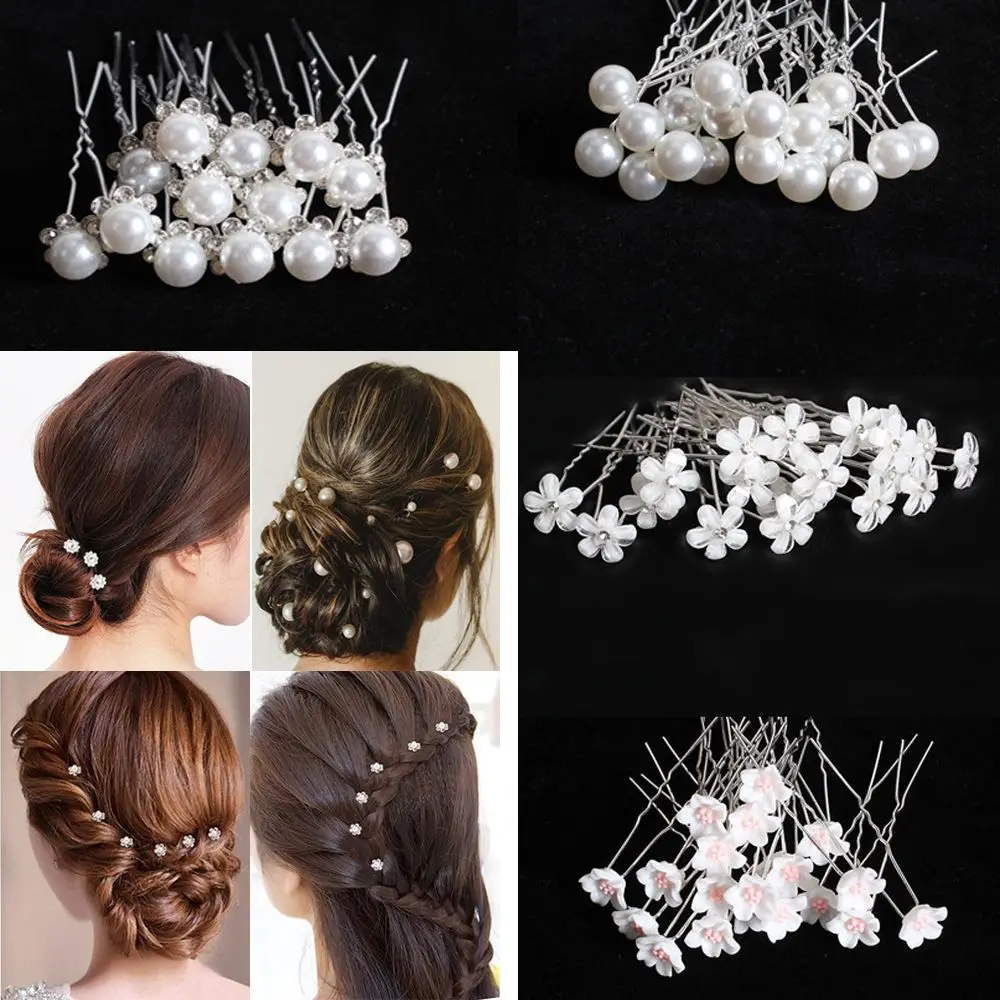 20Pcs Bridal U-shaped Pin Metal Barrette Clip Hairpins Rhinestone Pearl Women Hair Accessories Wedding Hairstyle Design Tools