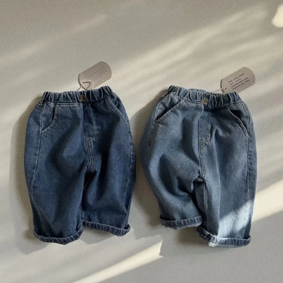 2024 Spring Autumn Boy Girl Children Retro Loose Jeans Baby Casual Denim Pants Solid Kid Pockets Cotton Trousers Infant Clothes