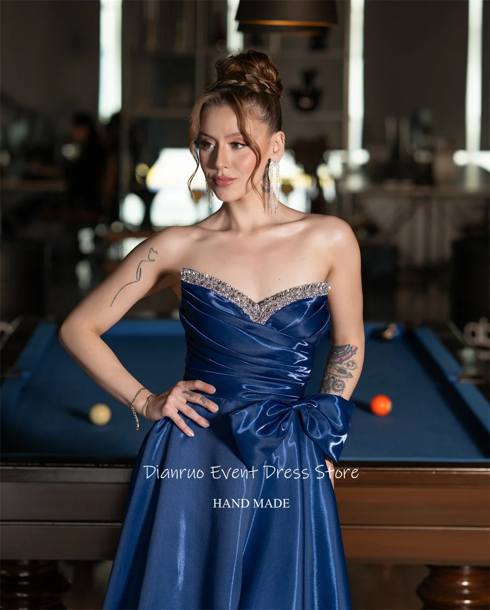 Dianruo Gaun Malam A Line Biru Laut Gaun Pesta Pernikahan Busur Berkilau Kristal Vestidos De Fiesta Satin Sayang Disesuaikan