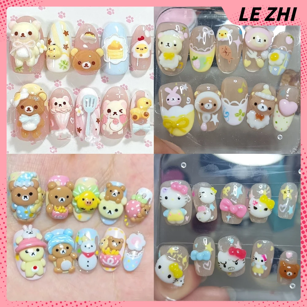

Sweet Cute Cartoon Rilakkuma Hello Kitty Square Round Almond False Nails 3D Kawaii Animal Rabbit Cat Bear Bow Full Cover Nails