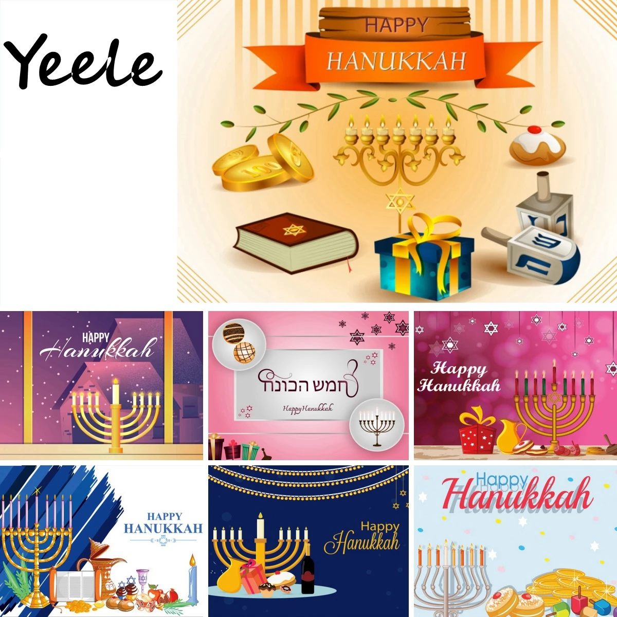 Happy Hanukkah Photography Backdrop Bread Nine Candle Holders Dreidel נ、ג、ה、ש Gelt Jewish Chanukah Party Decor Photo Background