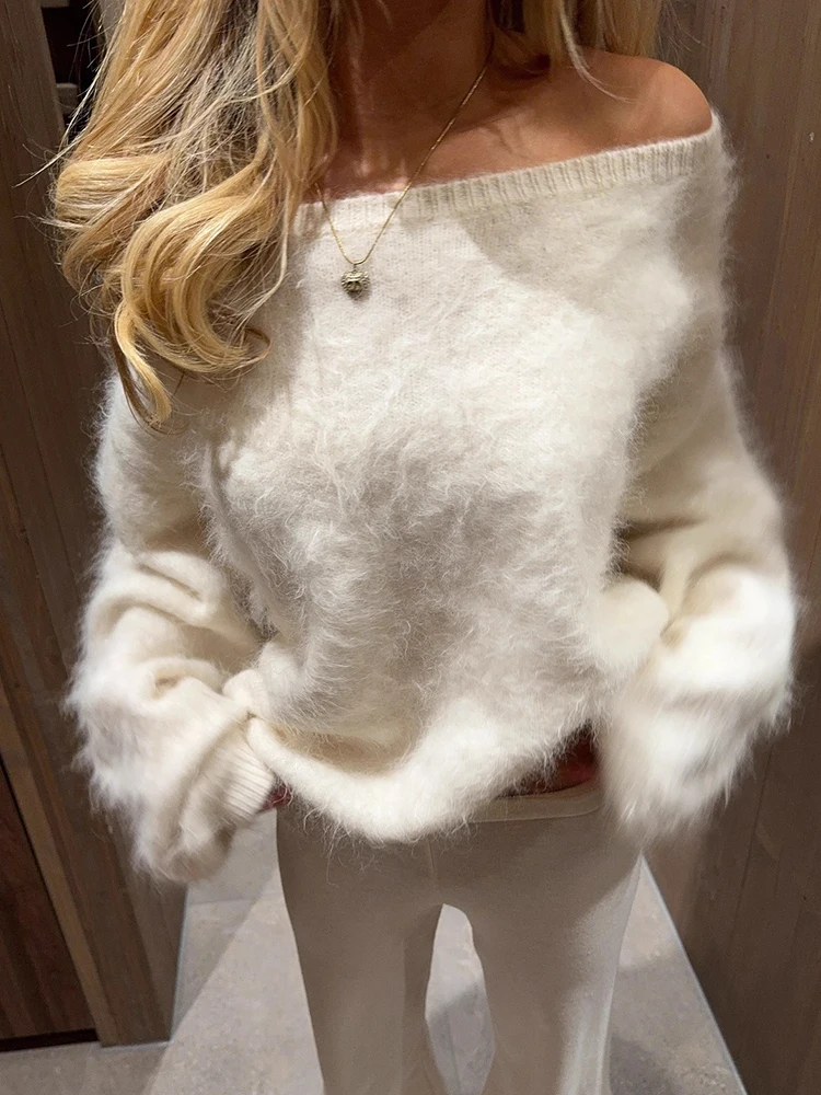 

Slash Neck Solid Patchwork Chic Pullovers, Women Autumn Winter Long Sleeve Simple Sweaters, Casual Knitted Ladies Top Streetwear