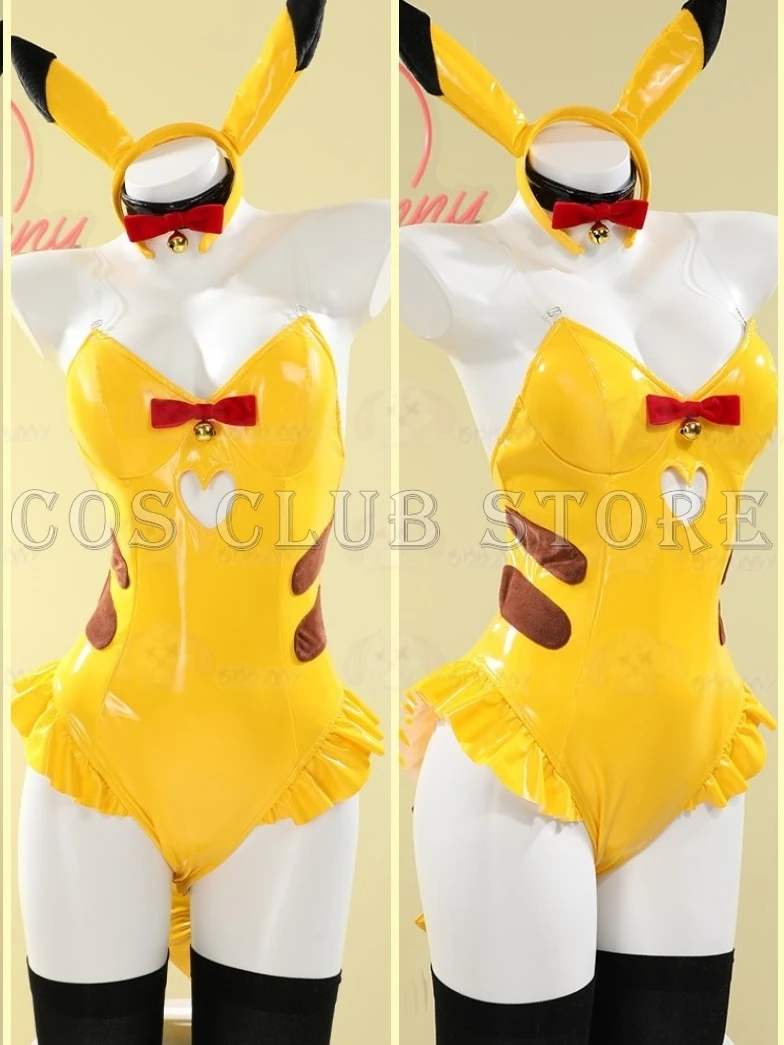 Anime Pi Ka Chu Yellow PU Cosplay Costume Women\'s Dress Bunny Lingerie Cos Bright Leather Tight Yellow Cute Nightclub Halloween