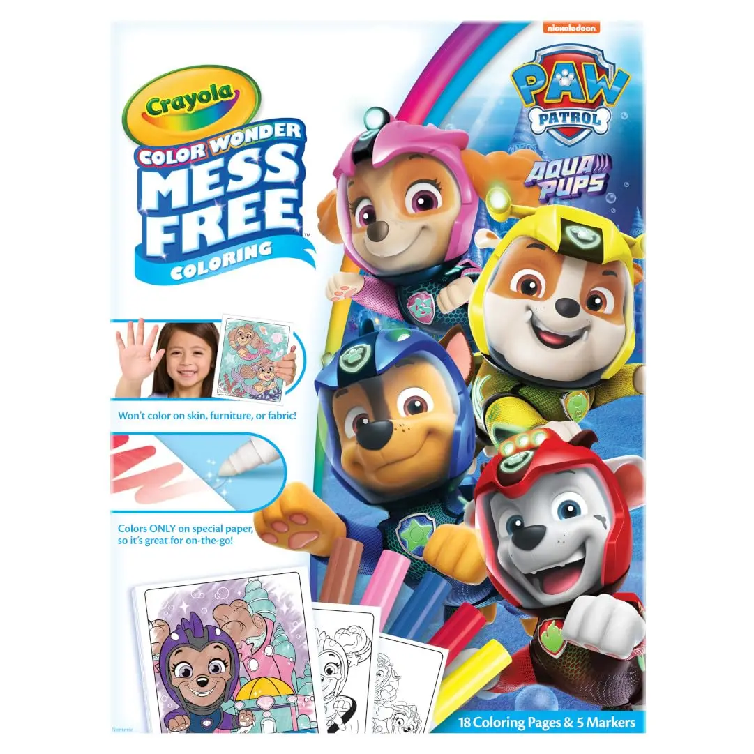 Crayola Color Wonder Paw Patrol Aqua Pups Coloring Set, 18 Color Wonder Pages, 5 Mess Free Markers, Toddler Coloring,