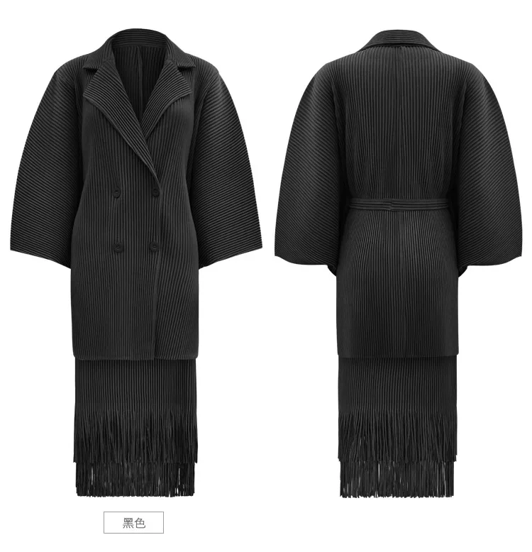 2024 Autumn New Suit Collar Thickened Jacket Women's Suit Two-piece Pleated Solid Color Casual Fringed Skirt