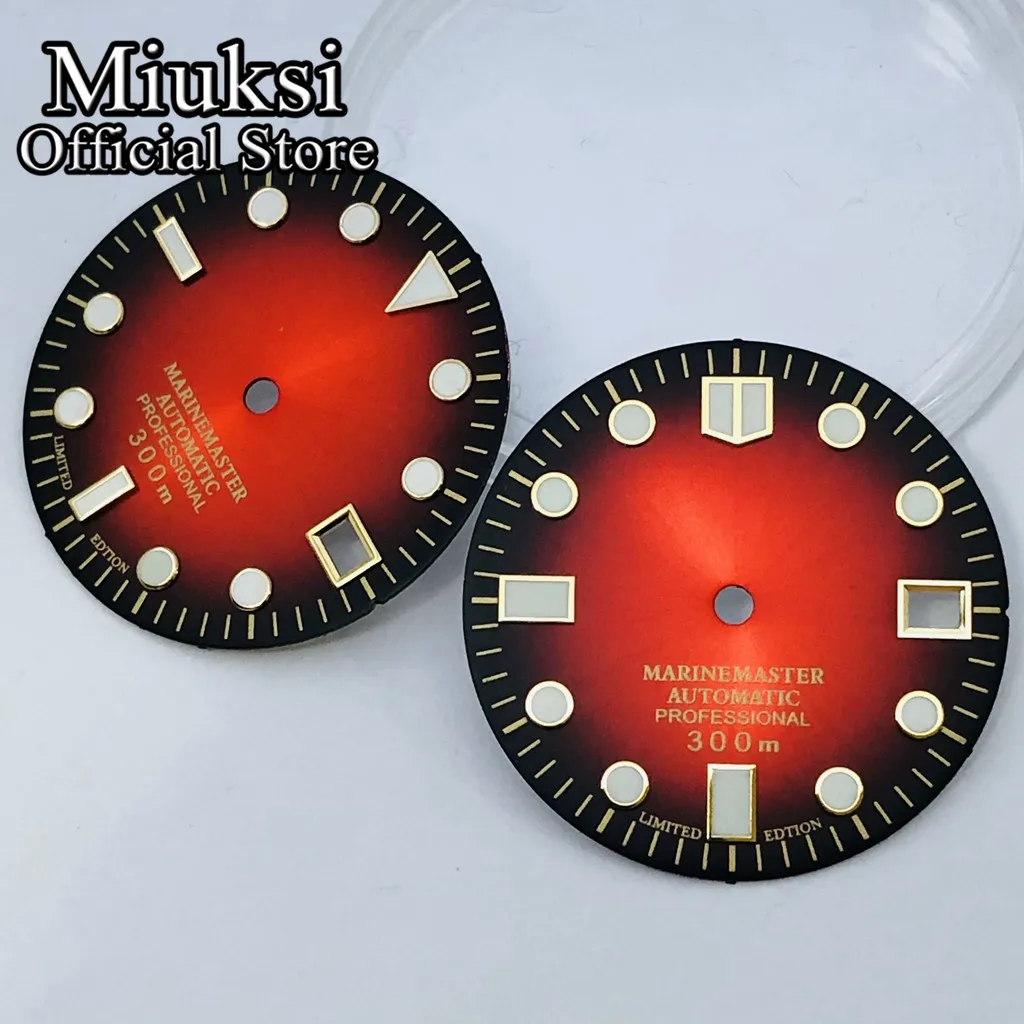 Miuksi 29mm black red watch dial green luminous dial fit NH35 movement fit 3 o\'clock crown 3.8 o\'clock crown