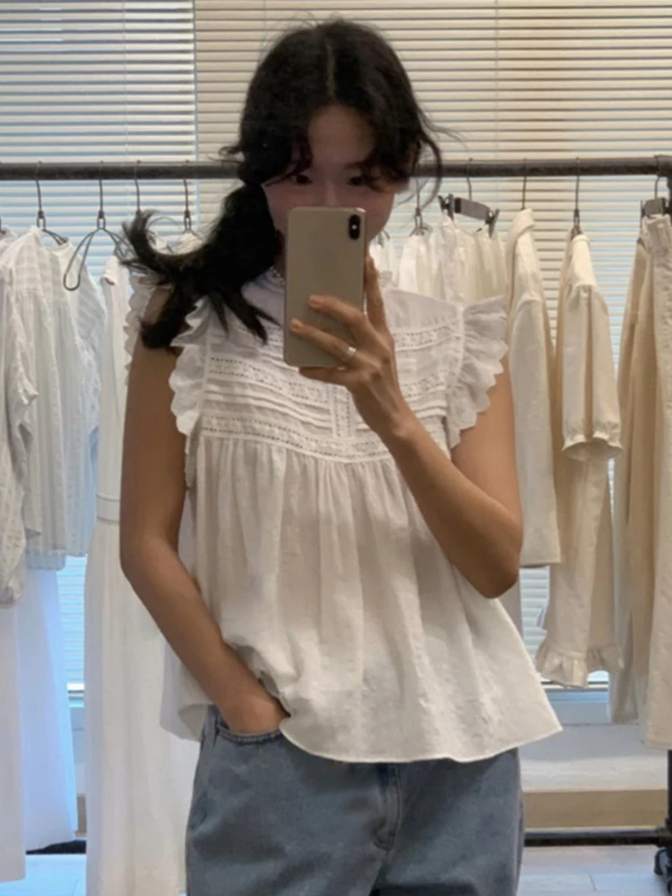 Blouse Women\'s Clothing Ruffles Flying Sleeve Summer Shirts 2024 Blusas Mujer De Moda Sweet Hollow Out Loose White Blouses Tops