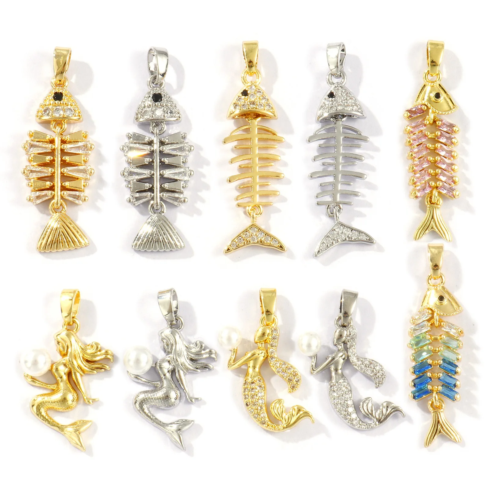 2pcs Brass Charms Gold Color Mermaid Fish Bone Micro Pave Black Rhinestone Pendants For Women DIY Necklace Jewelry Findings Gift view 5