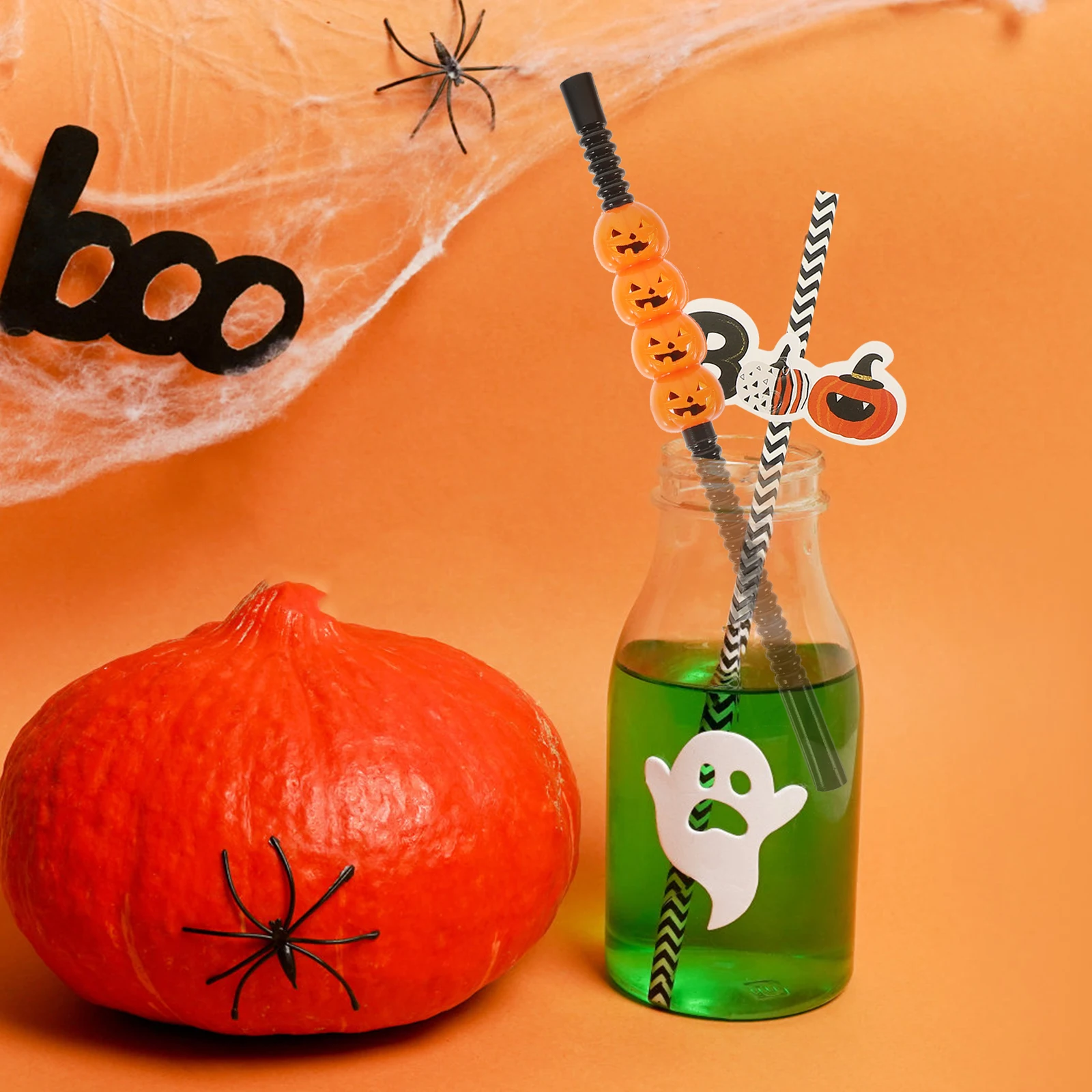 

5pcs Pumpkin Shaped Halloween Themed Drinking Straws For Juice Milk Beverage Plastic Party Supplies Reusable Cartoon Straws