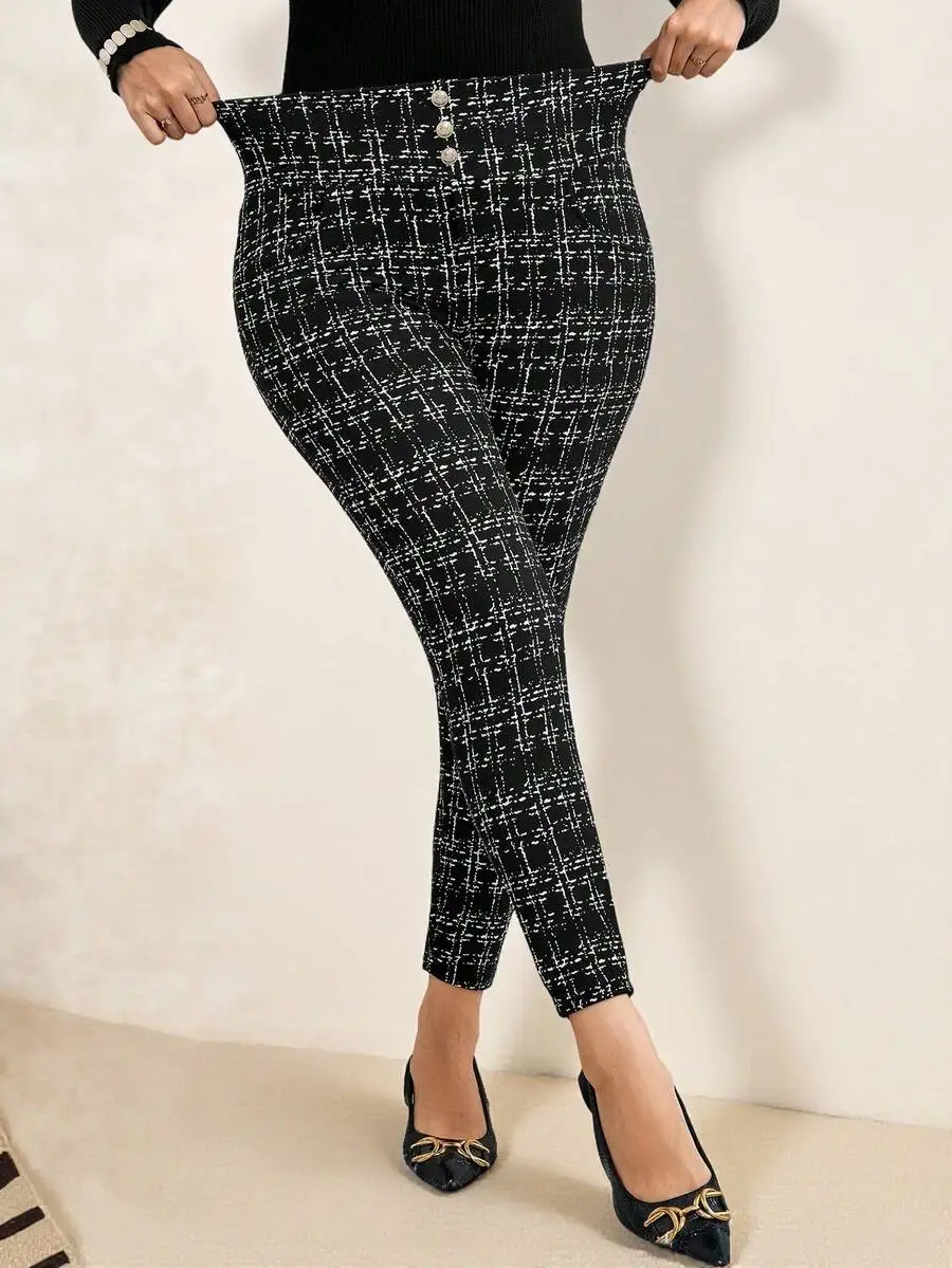 Plus Size High-Waisted Plaid Slim Fit Pants with Button Detail