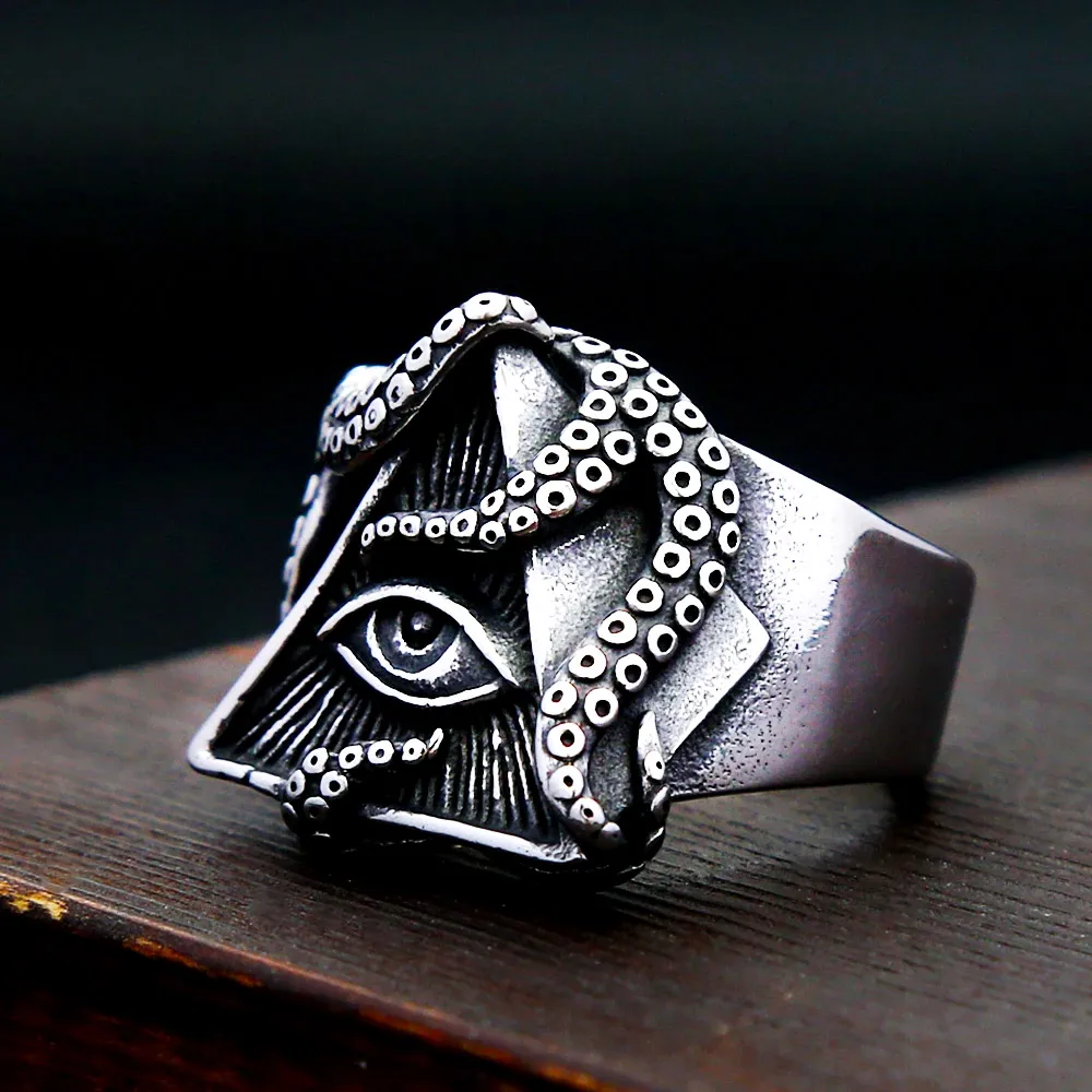 Vintage 3D All Seeing Eye Octopus Wide Signet Ring Stainless Steel Freemason Triangle Rings For Men Women Trendy Jewelry Gifts