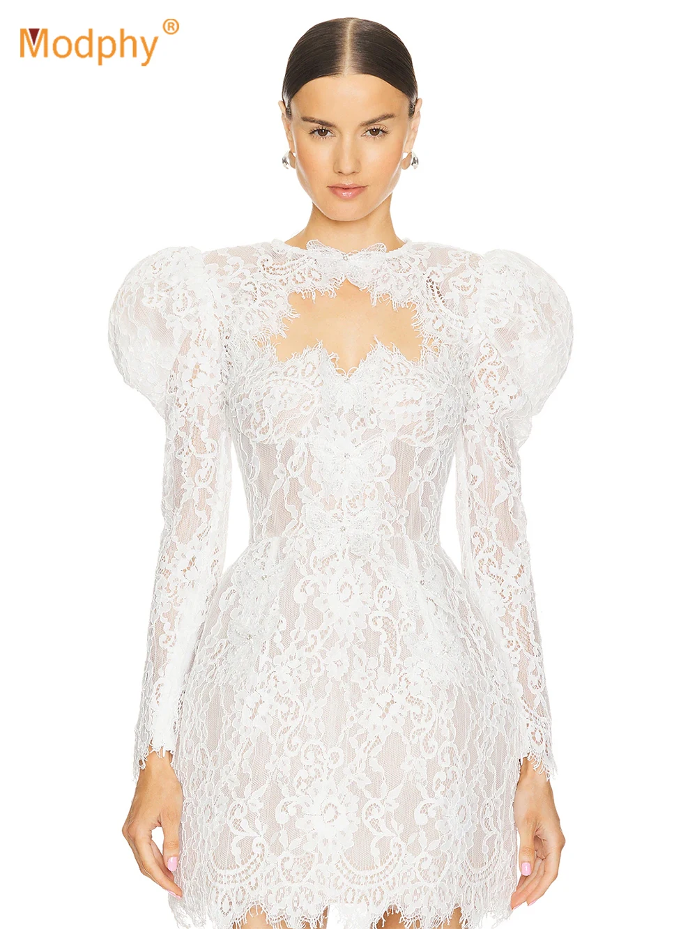 Modphy Women Transparent Lace Floral Tight Mini Dress Luxury 2024 White Fashion Sexy Long Sleeves Birthday Party Elegant Gowns