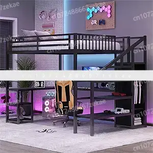 Queen Size Loft Bed with Stairs and Storage, Metal Loft Bed Frame with Bedside Shelf and Large Under-Bed Space, Heavy-Duty Beds