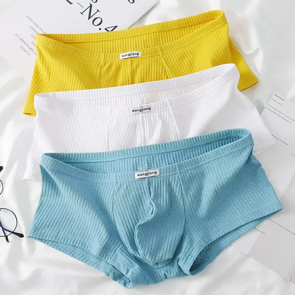3Pcs/lot Men Boxer Underwear Low-rise Solid Color Ribbed Shorts Briefs Quick Drying U-Convex Bag Thin Panties Underpants