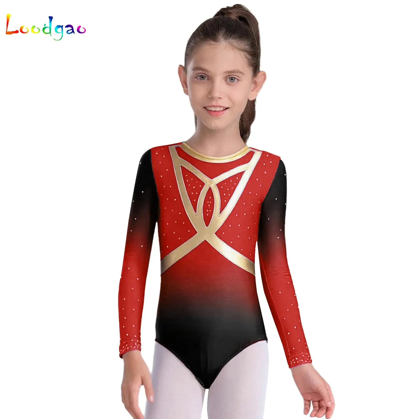 

Gradient Rhinestone Gymnastics Leotard for Kids Girls Long Sleeve Jumpsuit Bodysuit Ballet Figure Skating Practice Dancewear