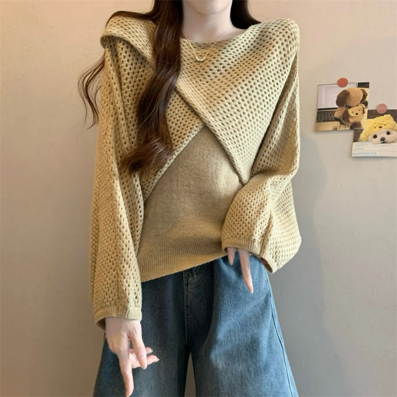 Efek Pelangsingan 2025 Musim Gugur Musim Dingin Desain Korea Baru Rajutan Penutup Bahu Wanita Set Fashion Lengan Panjang...