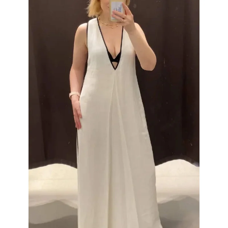 

Women's V-neck Sleeveless Linen Blended Midi Dress Retro Summer Vacation Fashion Sexy Slit Hem Long Robe Dress
