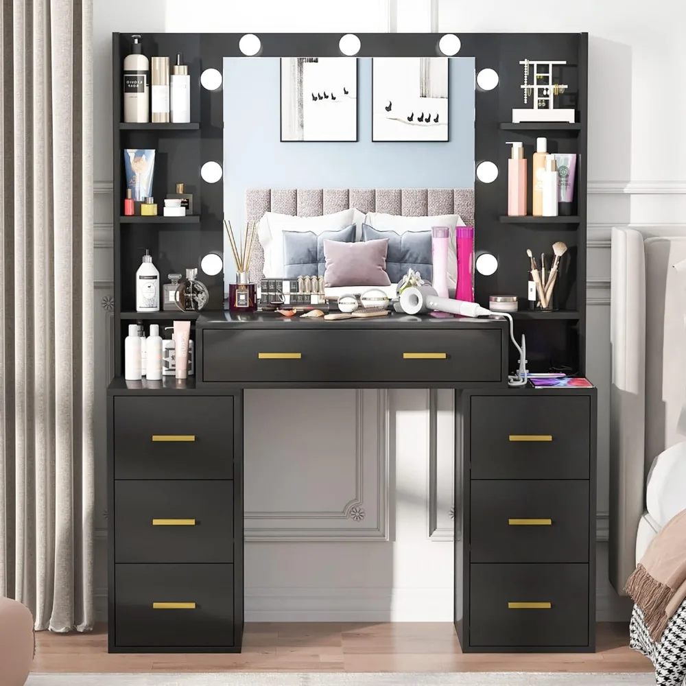 Vanity Set with Lighted Mirror, 43'' Makeup Vanity with Charging Station, Vanity Desk with 9PCS LED Bulb, Storage Shelvs