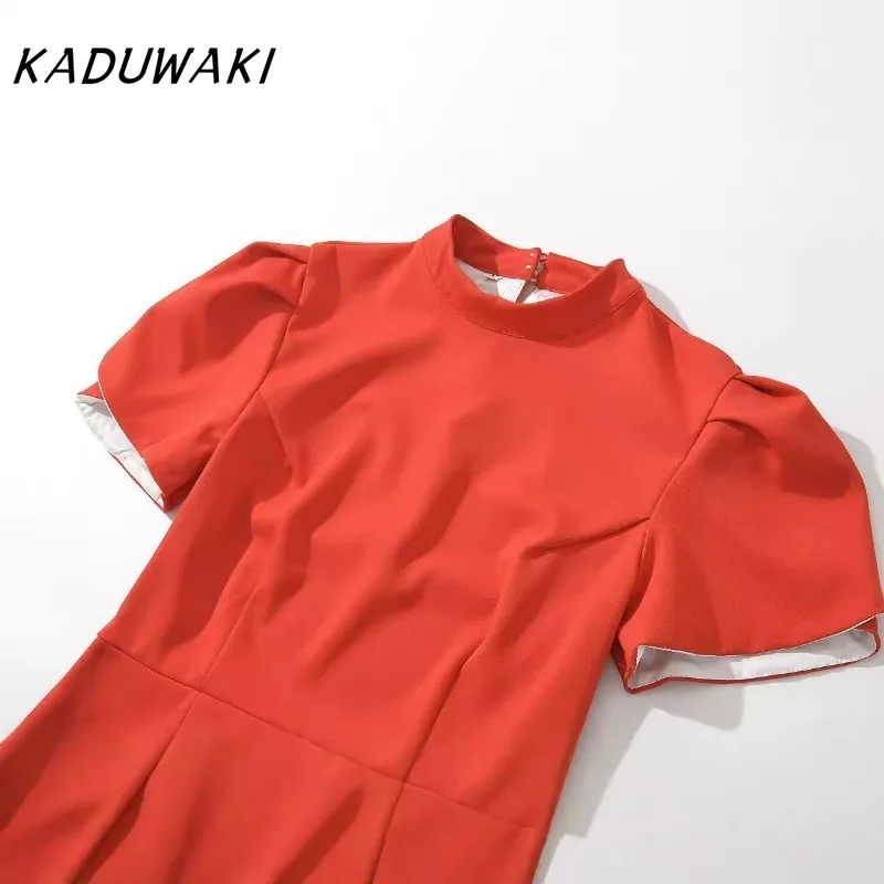 KADUWAK French Rustic Half High Neck Short Sleeve Orange Dress Autumn and Winter Bowknot Back Hollowed Out Mini Bodycon Dresses