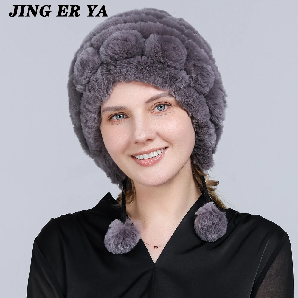 JINGERYA Winter Hats for Girls Women's Fur Hat Real Rex Rabbit Cap Floral Knitted Hat with Balls Skulls Beanies