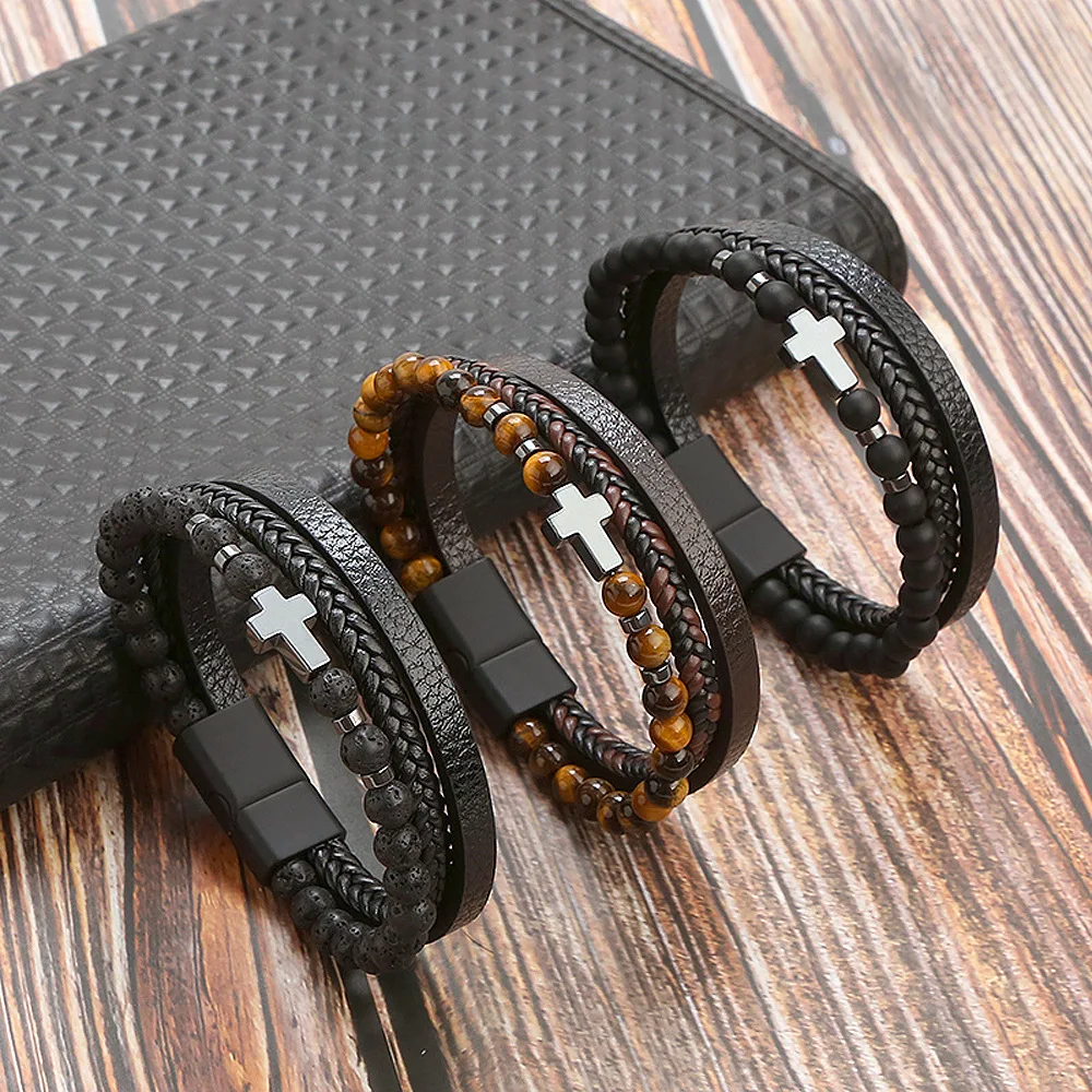 Classic Cross Charms 3 Layer Hand-Woven High Quality Leather Bracelets Men Women Fashion Tiger Eye Stone Bracelet Wedding Gift