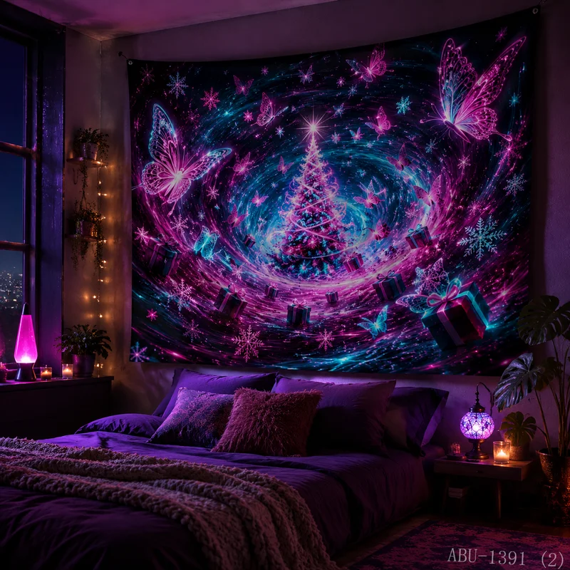 VIKAMA Starlight Christmas Tree Butterfly Snowflake Christmas Tapestry Background Hanging Cloth Living Room Decoration