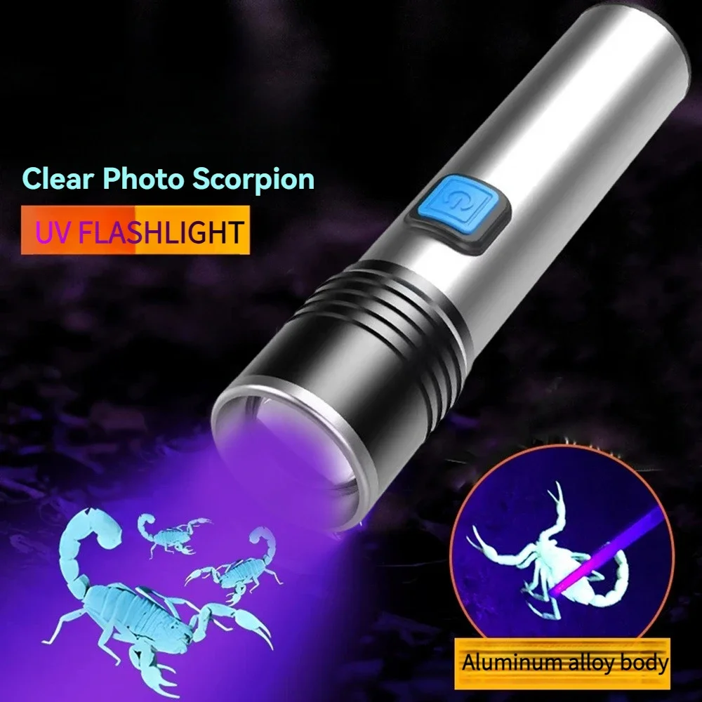 

UV Flashlight High Power Black Mirror Purple Light Detection Torch Powerful 395NM Type-C USB Rechargeable LED Ultraviolet Lamp