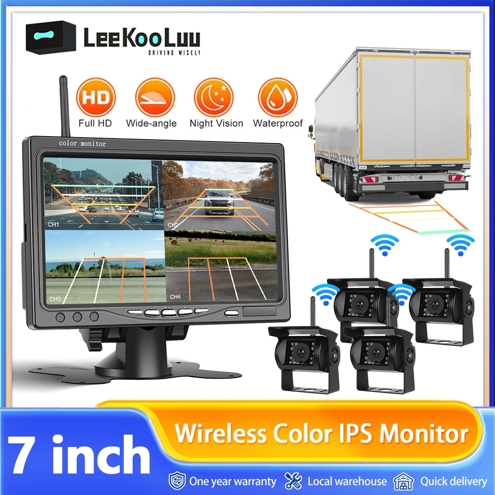 7 inch IPS-scherm Draadloze achteruitrijcamera IP68 Waterdichte nachtzicht achteruitrijcamera met 4 camera's BSD voor vrachtwagenbus - afbeelding 2