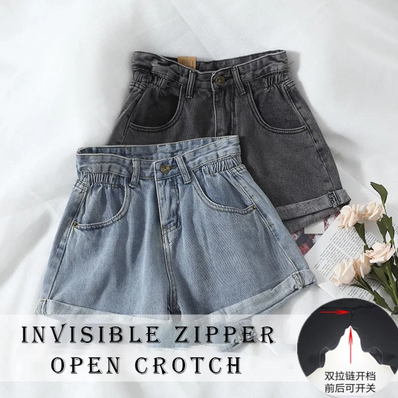 Invisible Zipper Open Crotch Blue Denin Jean Shorts Sexy Plus Size Outdoor Loose Shorts Bottoms