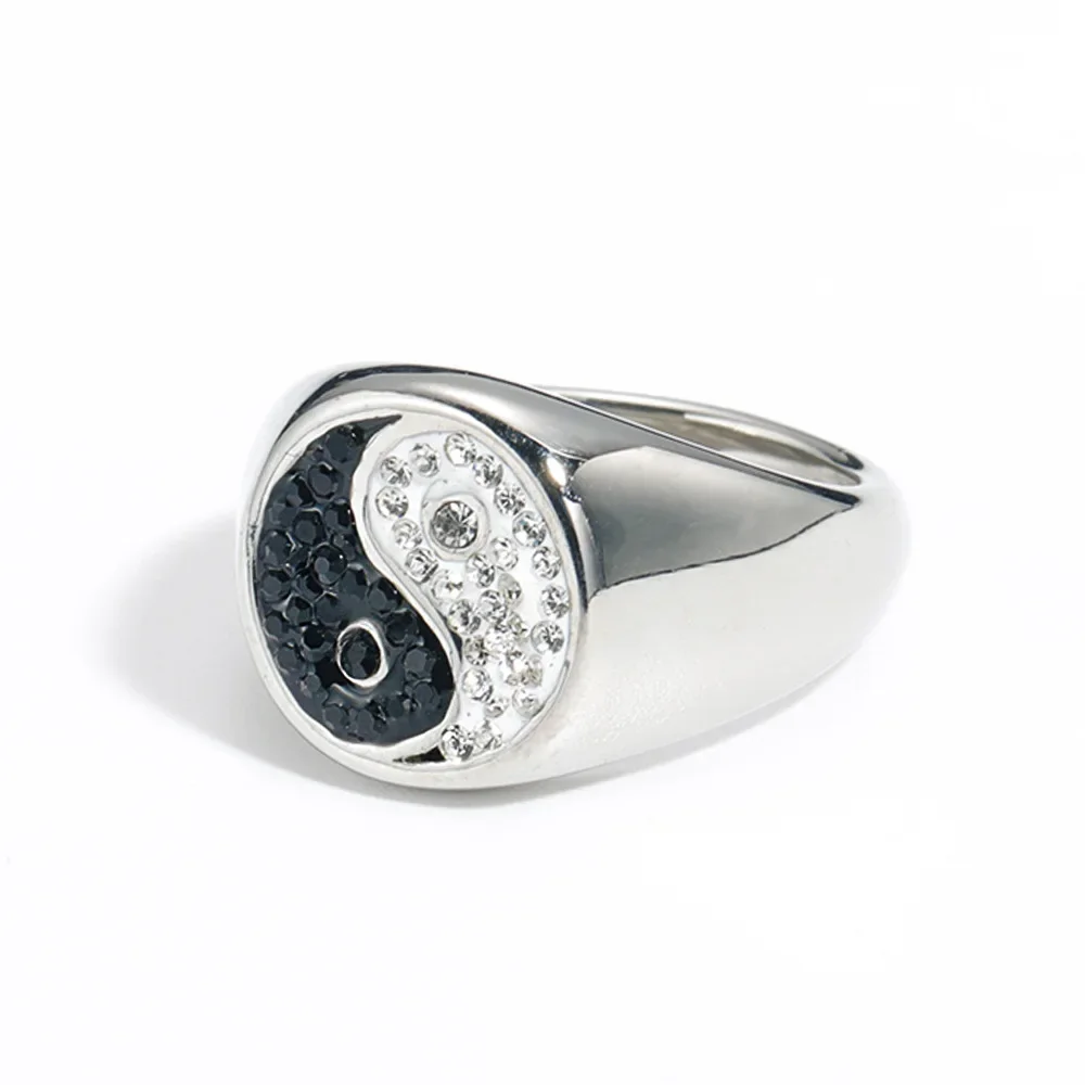 Stainless Steel Rings for Men's Sizes 6-13, Bagua Yin Yang Inlaid Diamond Jewelry