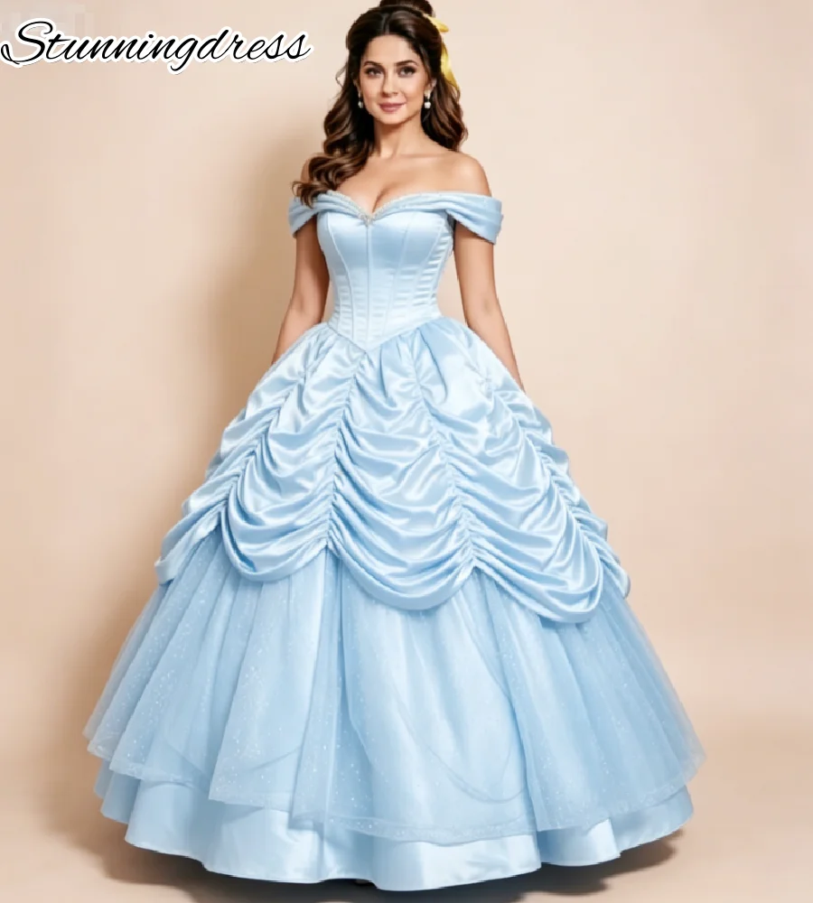 Vestido de Fiesta Azul Cenicienta de Cuento de Hadas 2026 con Hombros Descubiertos, Vestidos de Princesa para Quinceañera, Vestido de Noche de Halloween con Volantes y Burbujas Bridgerton vestido de gala